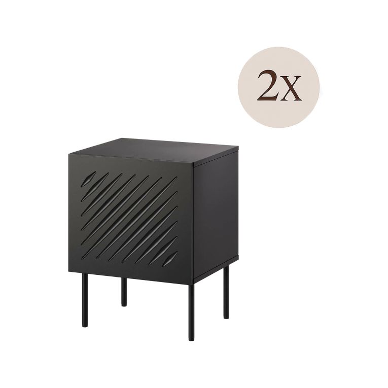 Set di 2 comodini Tondela, Comò basso con cassetto e vano interno, Finitura effetto liscio con dettaglio geometrico, 45x42 h59 cm, Nero