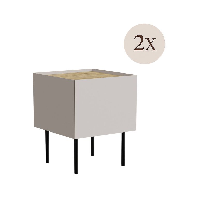 Set di 2 comodini Valbom, Comò basso con cassetto e vano interno, Finitura effetto liscio, 40x41 h60 cm, Beige e Rovere