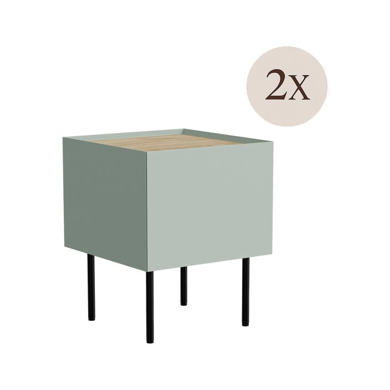 Set di 2 comodini Valbom, Comò basso con cassetto e vano interno, Finitura effetto liscio, 40x41 h60 cm, Verde e Rovere