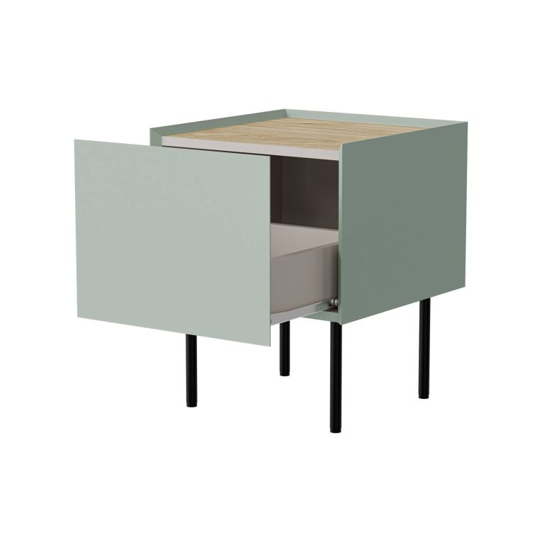 Set di 2 comodini Valbom, Comò basso con cassetto e vano interno, Finitura effetto liscio, 40x41 h60 cm, Verde e Rovere