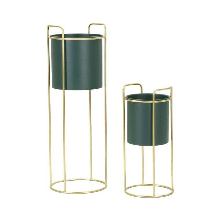 Set di 2 portavasi Robinson, Complemento d'arredo, Articolo decorativo, Accessorio d'arredo, 24x24 h70 cm, Verde e Oro