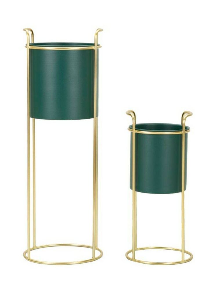 Set di 2 portavasi Robinson, Complemento d'arredo, Articolo decorativo, Accessorio d'arredo, 24x24 h70 cm, Verde e Oro