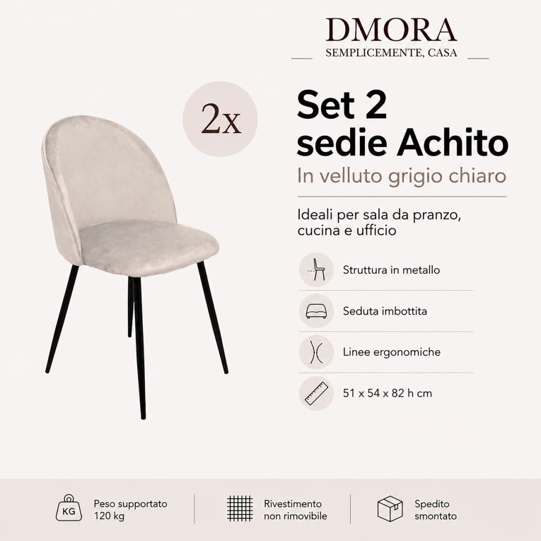 Set di 2 sedie imbottite in velluto grigio chiaro - Achito