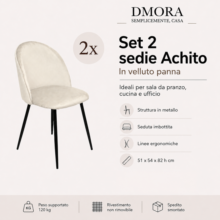 Set di 2 sedie imbottite in velluto panna - Achito