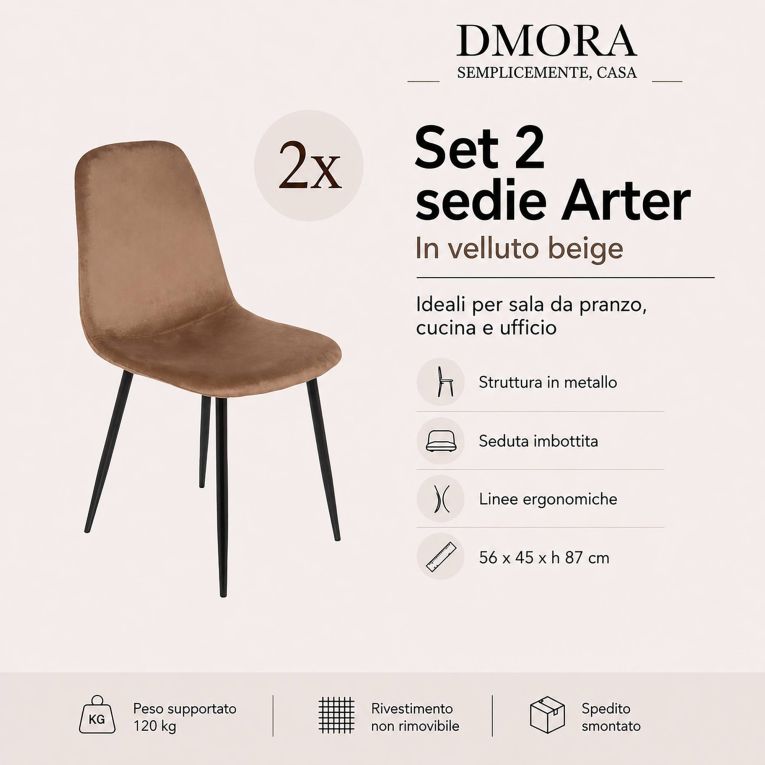 Set di 2 sedie soggiorno imbottite in velluto beige - Arter