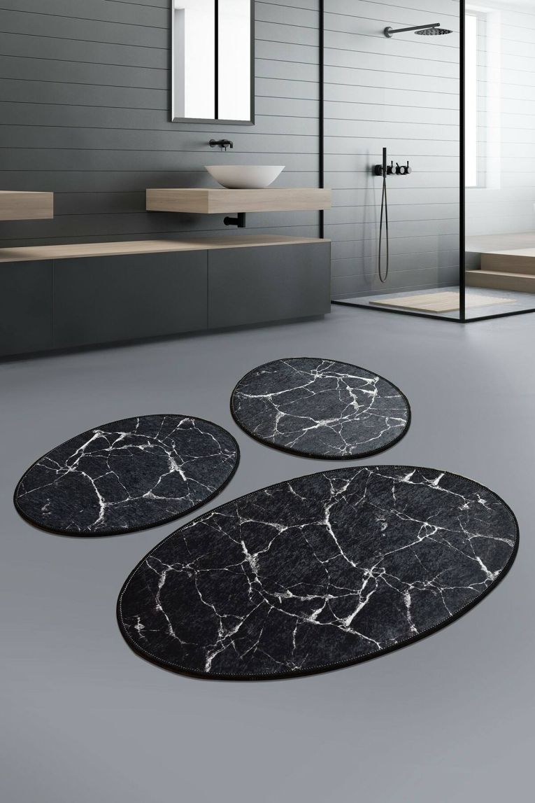 Set di 3 tappeti da bagno Mormanno, Tappetino per bagno, Scendibagno, Pedana da bagno, 100x60 cm, Nero e Bianco