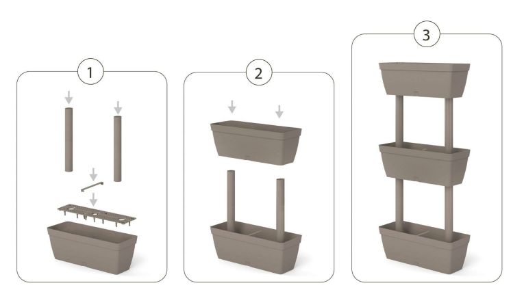 Set di 3 vasi Durbuy, Composizione per orto casalingo, Set porta fiori per interno o esterno, 100% Made in Italy, 49x22h16 cm, Tortora