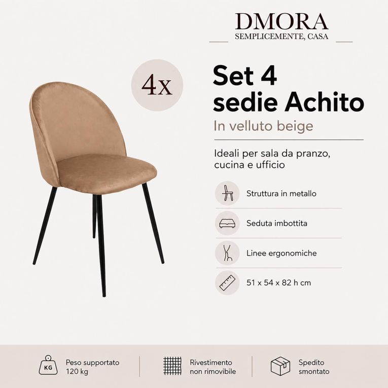 Set di 4 sedie imbottite eleganti in velluto beige - Achito