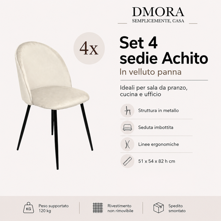 Set di 4 sedie imbottite in velluto panna - Achito