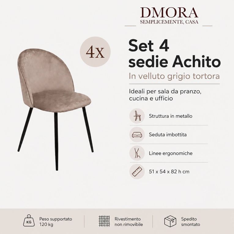 Set di 4 sedie moderne imbottite in velluto tortora - Achito