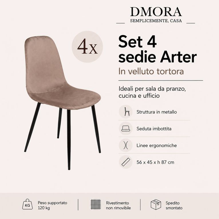 Set di 4 sedie moderne imbottite in velluto tortora - Arter