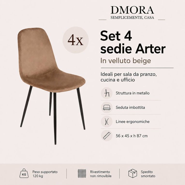 Set di 4 sedie pranzo imbottite in velluto beige - Arter