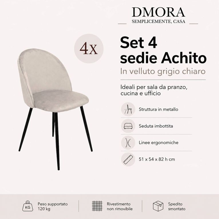 Set di 4 sedie soggiorno imbottite in velluto grigio chiaro - Achito