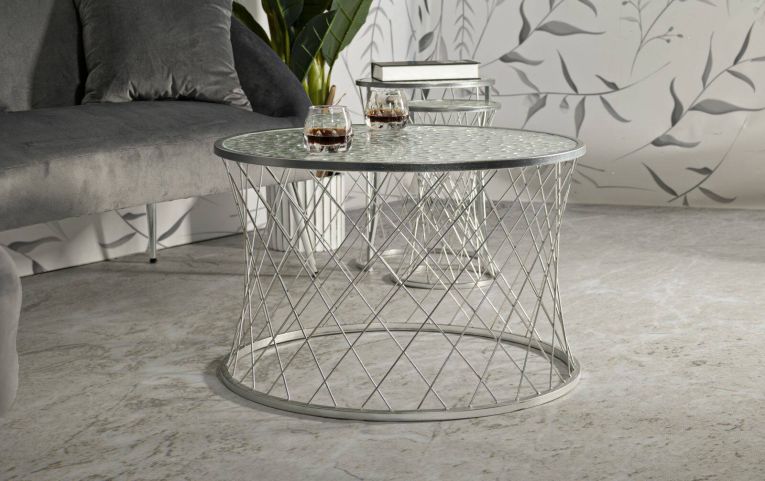 Set di 4 tavolini da salotto Ibar, Tavolo basso da caffè, Portariviste per divano, Ripiano da soggiorno, 70x70 h55 cm, Argento