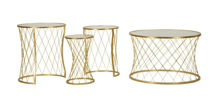 Set di 4 tavolini da salotto Ibar, Tavolo basso da caffè, Portariviste per divano, Ripiano da soggiorno, 70x70 h55 cm, Oro