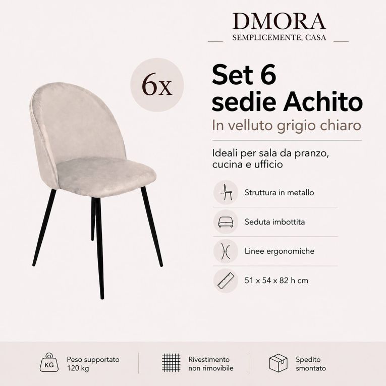Set di 6 sedie eleganti imbottite in velluto grigio chiaro - Achito