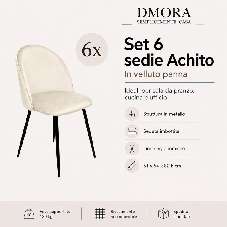 Set di 6 sedie moderne imbottite in velluto panna - Achito