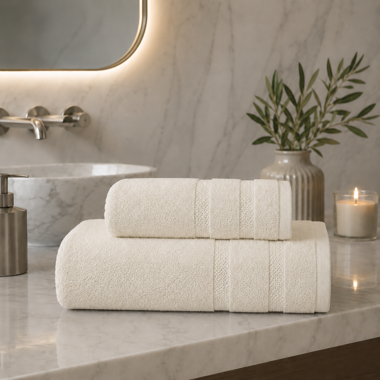 Set di Asciugamani Bianco Crema 100% Cotone Egiziano Pettinato e Mercerizzato set da 15 - Saleneba Luxury