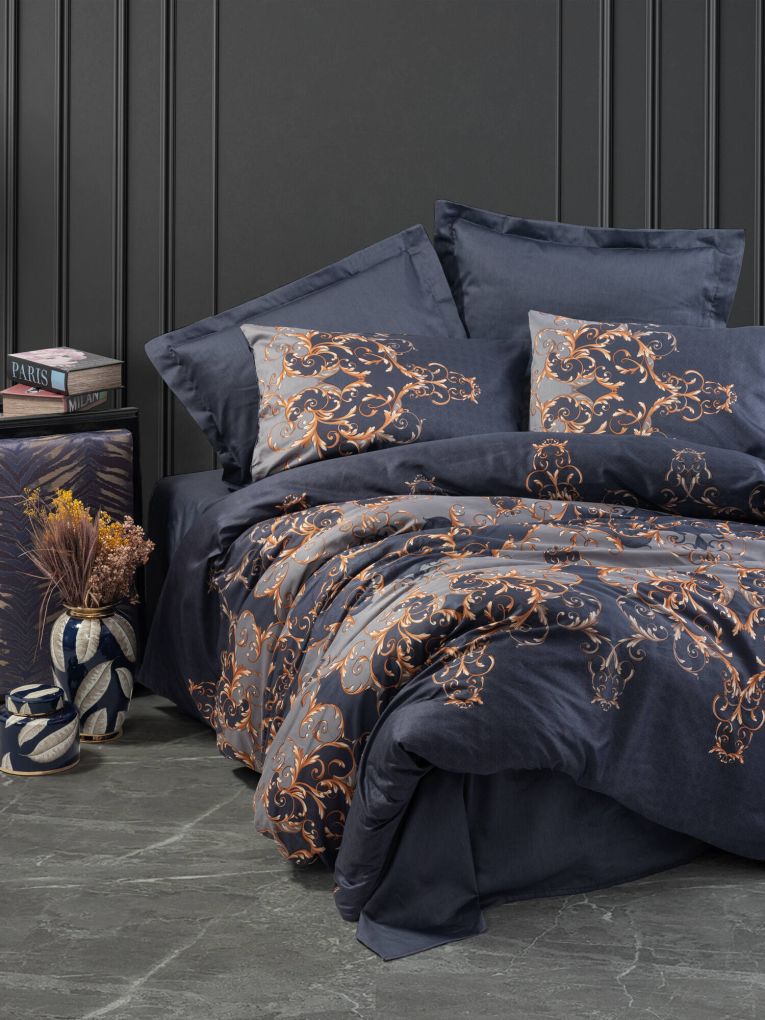 Set di copripiumino matrimoniale e 2 federe Ballwin, 260x220 cm, Blu e Oro