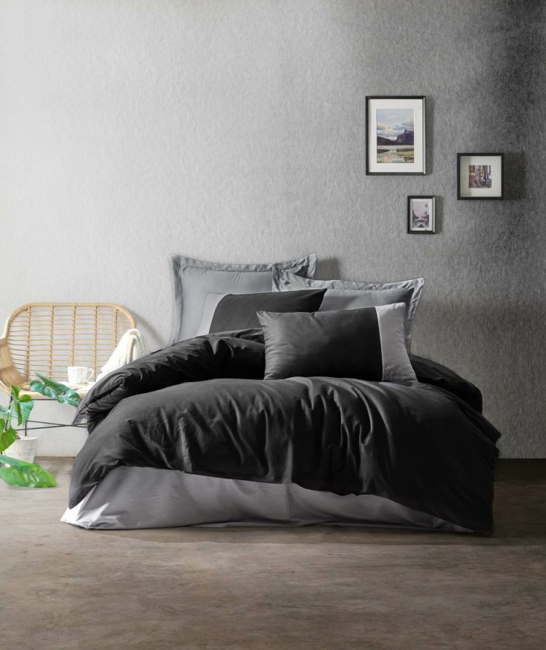 Set di copripiumino matrimoniale e 2 federe Euclid, 240x220 cm, Nero e Grigio