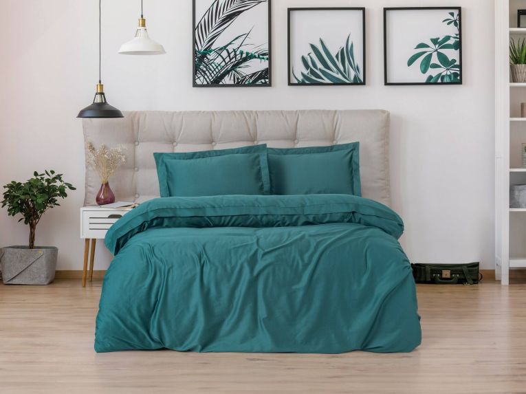 Set di copripiumino matrimoniale e 2 federe Wickliffe, 200x200 cm, Verde petrolio