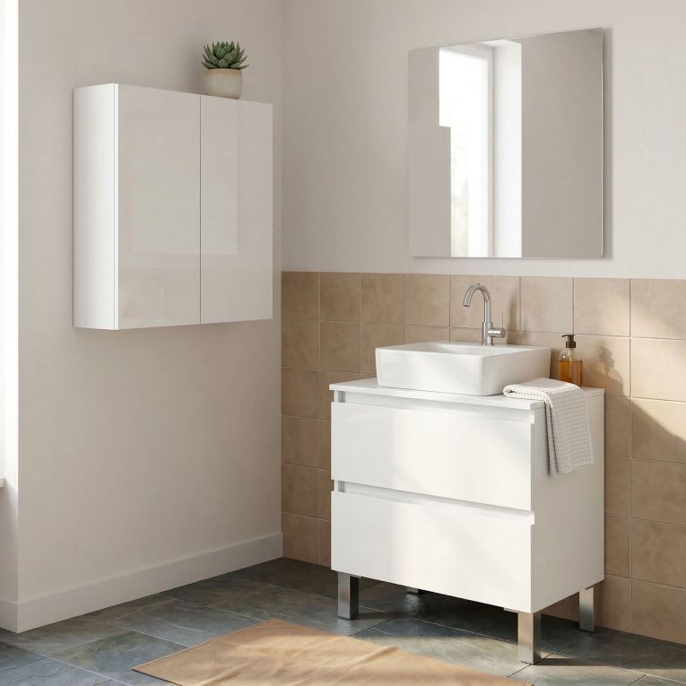 Set Mobili Bagno Bianco Lucido 2 Cassetti 2 Ripiani, 2 Ante - Capizzi