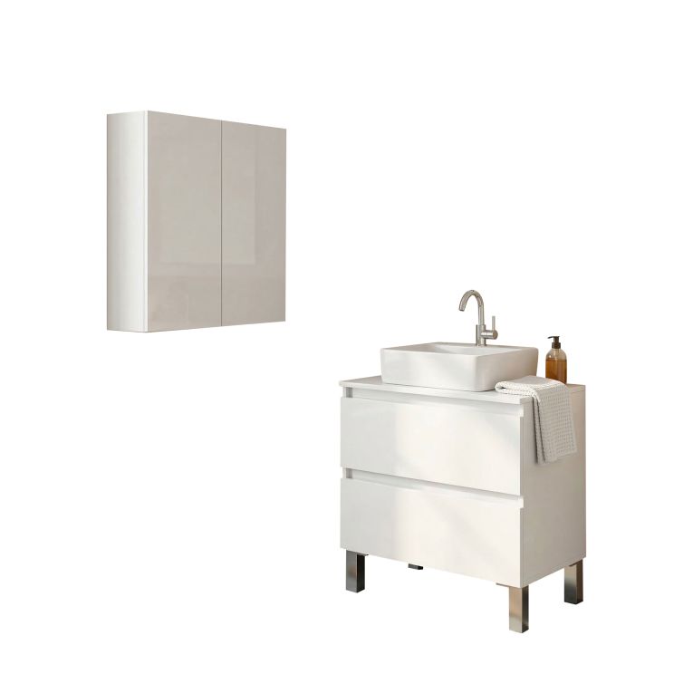 Set Mobili Bagno Bianco Lucido 2 Cassetti 2 Ripiani, 2 Ante - Capizzi
