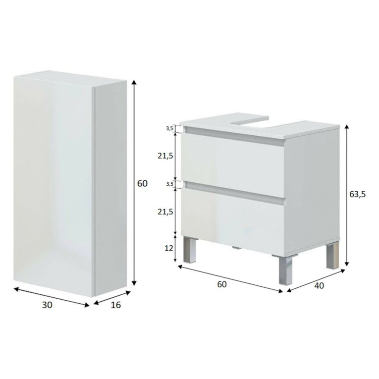 Set Mobili Bagno Bianco Lucido 2 Cassetti 2 Ripiani, Un'anta - Frisa