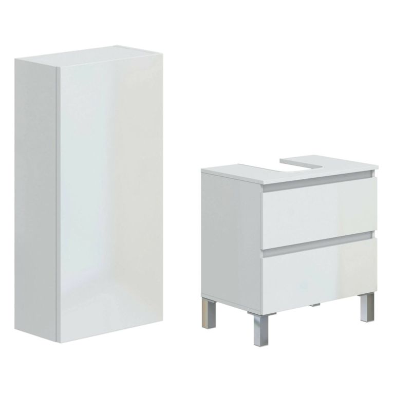 Set Mobili Bagno Bianco Lucido 2 Cassetti 2 Ripiani, Un'anta - Frisa