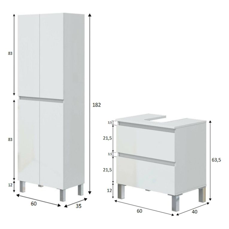 Set Mobili Bagno Bianco Lucido 2 Cassetti 3 Ripiani, 4 Ante - Capurso