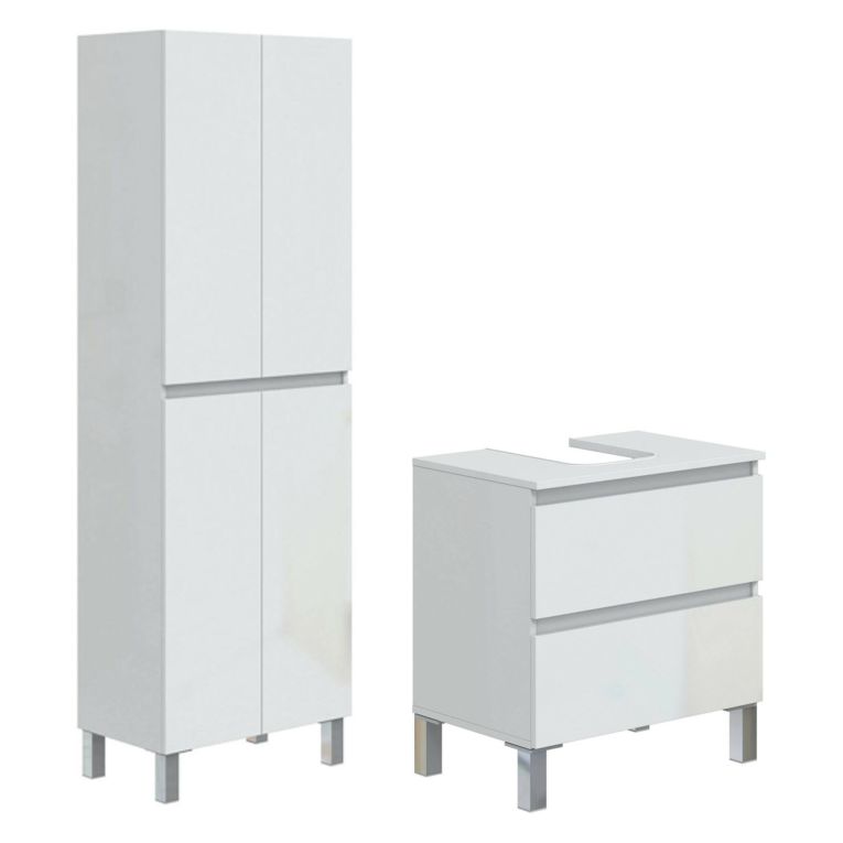 Set Mobili Bagno Bianco Lucido 2 Cassetti 3 Ripiani, 4 Ante - Capurso