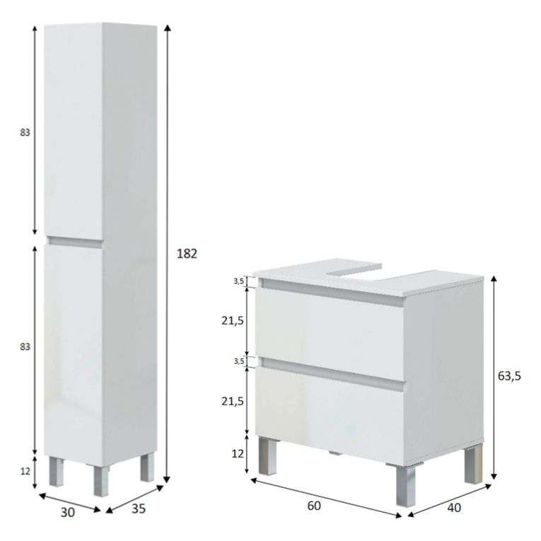 Set Mobili Bagno Bianco Lucido 2 Cassetti 4 Ripiani, 2 Ante - Formello