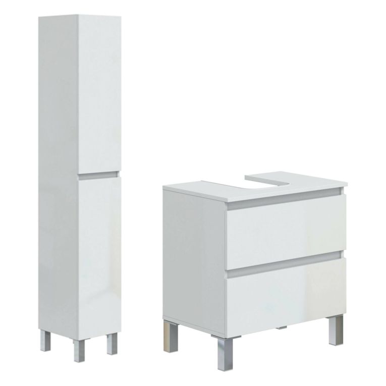 Set Mobili Bagno Bianco Lucido 2 Cassetti 4 Ripiani, 2 Ante - Formello