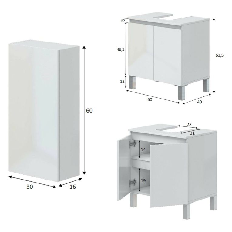 Set Mobili Bagno Bianco Lucido 3 Ripiani 3 Ante, 5 Vani - Vignola