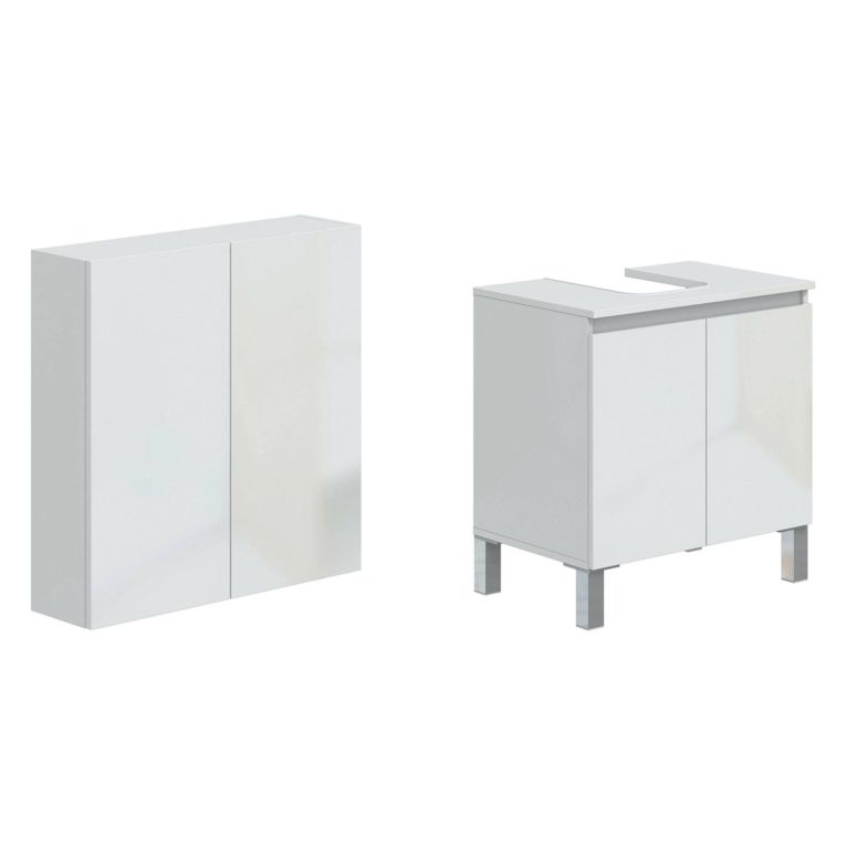 Set Mobili Bagno Bianco Lucido 3 Ripiani 4 Ante, 5 Vani - Gravina