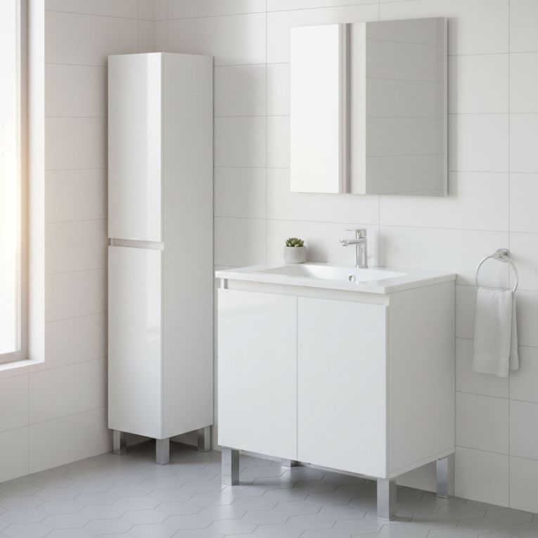 Set Mobili Bagno Bianco Lucido 5 Ripiani 4 Ante, 8 Vani - Vignolo