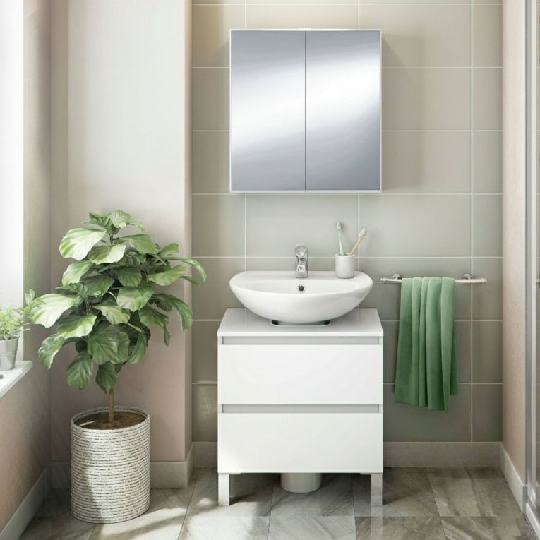 Set Mobili Bagno Bianco Lucido Specchio Incluso 2 Cassetti, 2 Ripiani - Gaiola