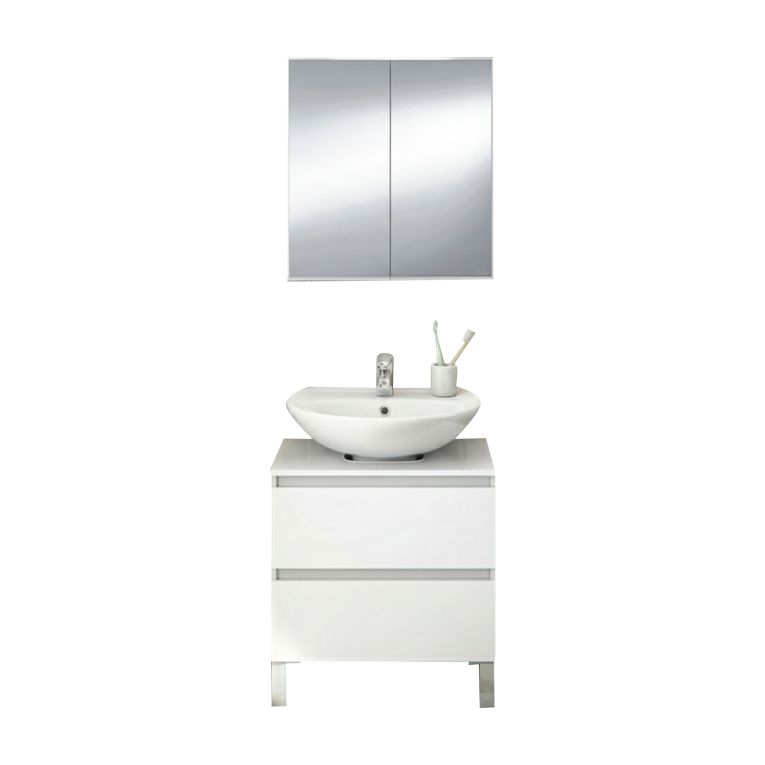 Set Mobili Bagno Bianco Lucido Specchio Incluso 2 Cassetti, 2 Ripiani - Gaiola
