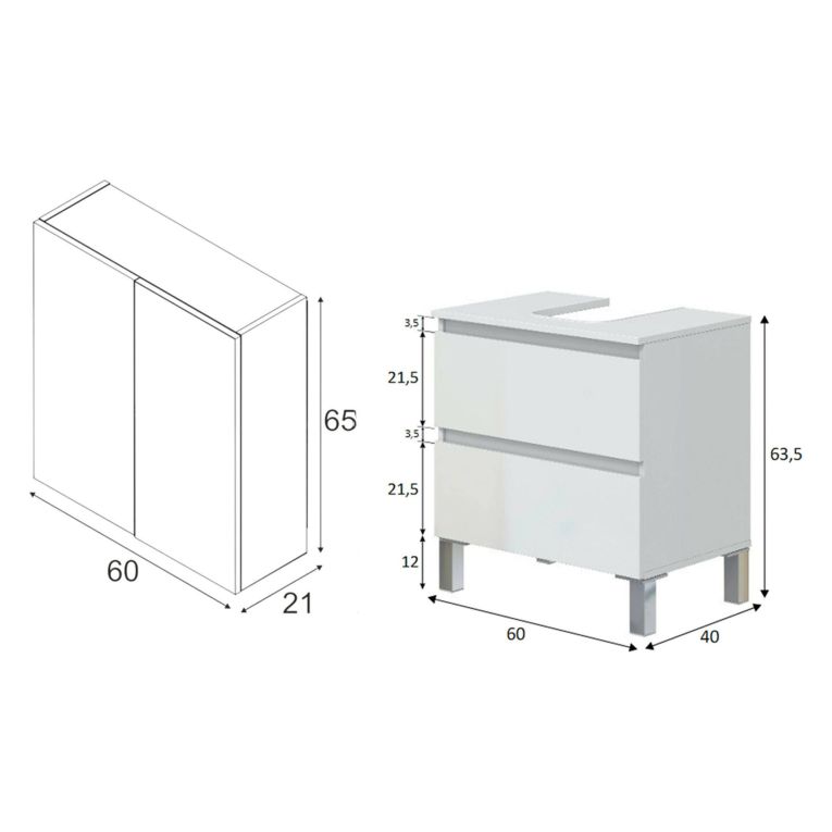 Set Mobili Bagno Bianco Lucido Specchio Incluso 2 Cassetti, 2 Ripiani - Gaiola