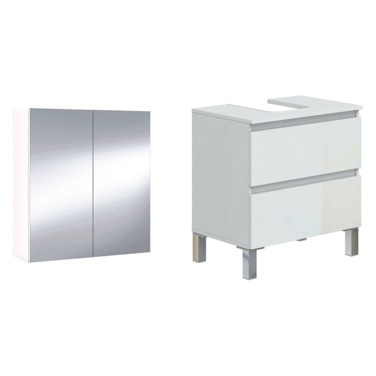 Set Mobili Bagno Bianco Lucido Specchio Incluso 2 Cassetti, 2 Ripiani - Gaiola