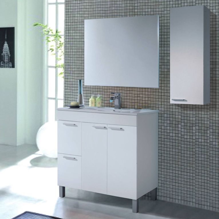 Set Mobili Bagno Bianco Lucido Specchio Incluso 2 Cassetti, 2 Ripiani - Paderna