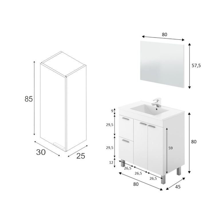 Set Mobili Bagno Bianco Lucido Specchio Incluso 2 Cassetti, 2 Ripiani - Paderna
