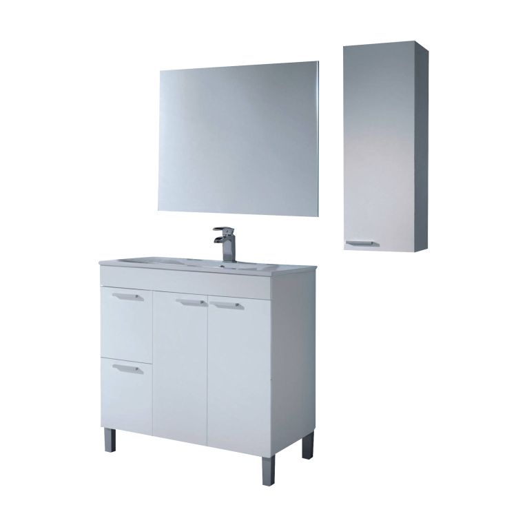 Set Mobili Bagno Bianco Lucido Specchio Incluso 2 Cassetti, 2 Ripiani - Paderna