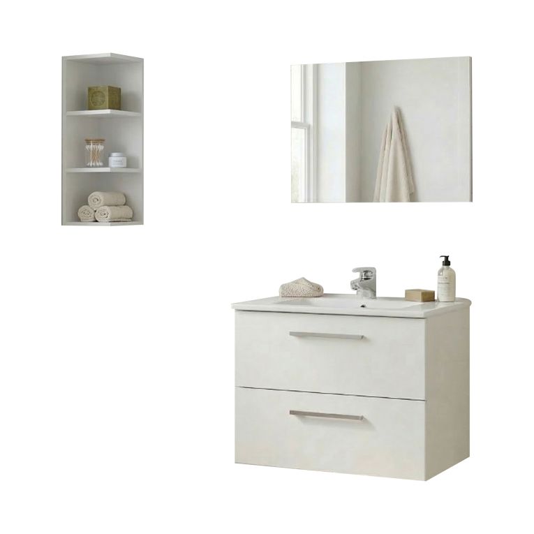 Set Mobili Bagno Bianco Lucido Specchio Incluso 2 Cassetti, 2 Ripiani - Plassas
