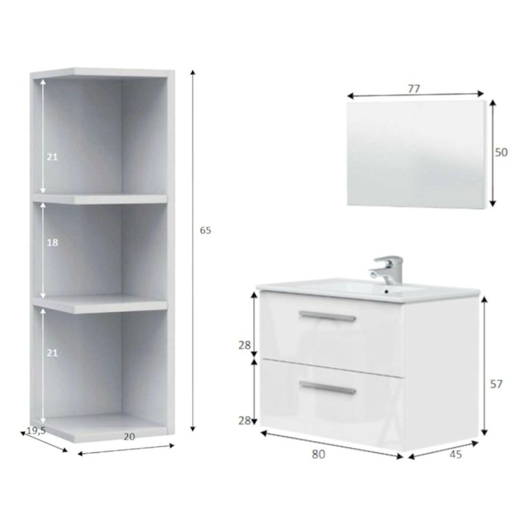 Set Mobili Bagno Bianco Lucido Specchio Incluso 2 Cassetti, 2 Ripiani - Plassas