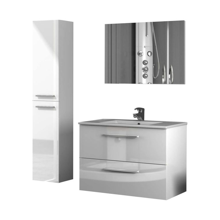 Set Mobili Bagno Bianco Lucido Specchio Incluso 2 Cassetti, 2 Ripiani - Ricadi
