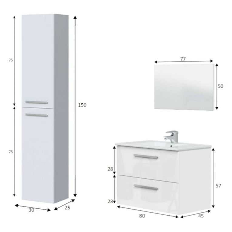 Set Mobili Bagno Bianco Lucido Specchio Incluso 2 Cassetti, 2 Ripiani - Ricadi