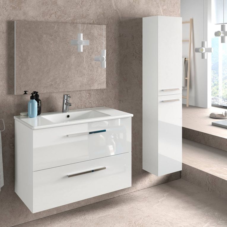 Set Mobili Bagno Bianco Lucido Specchio Incluso 2 Cassetti, 2 Ripiani - Ricadi