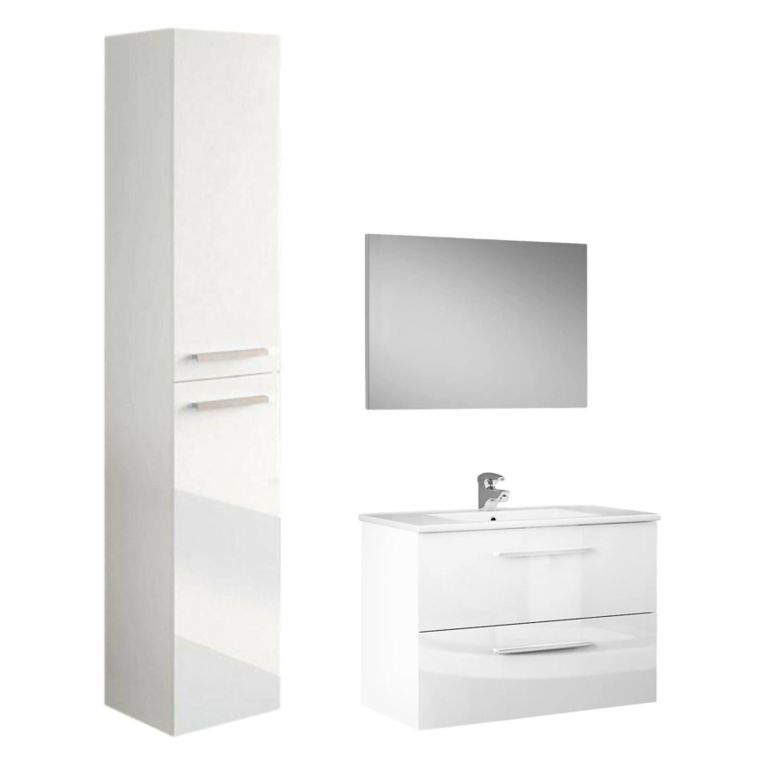 Set Mobili Bagno Bianco Lucido Specchio Incluso 2 Cassetti, 2 Ripiani - Ricadi