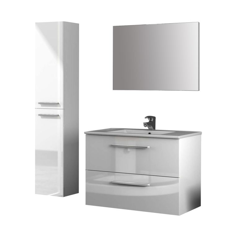 Set Mobili Bagno Bianco Lucido Specchio Incluso 2 Cassetti, 2 Ripiani - Ricadi